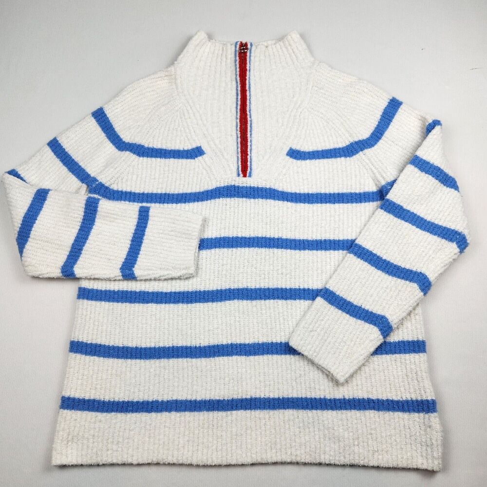 Talbots Boucle Half Zip Pullover Breton Stripe Soft Cozy Women M Coastal Preppy